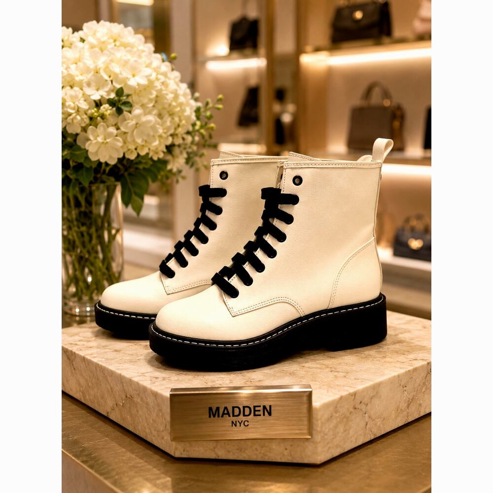 Madden NYC Moto Lace Up Nappa Booties - White/Black - size 9